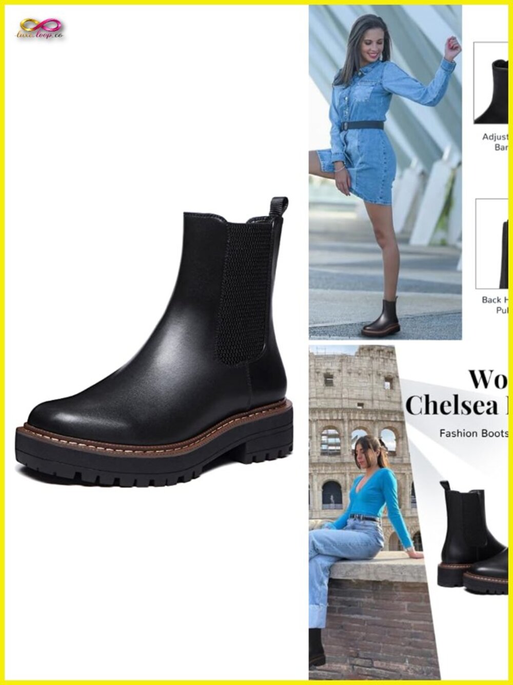 Chelsea Ankle Boots Platform Chunky Heel Lug Sole Leather Booties Slip On